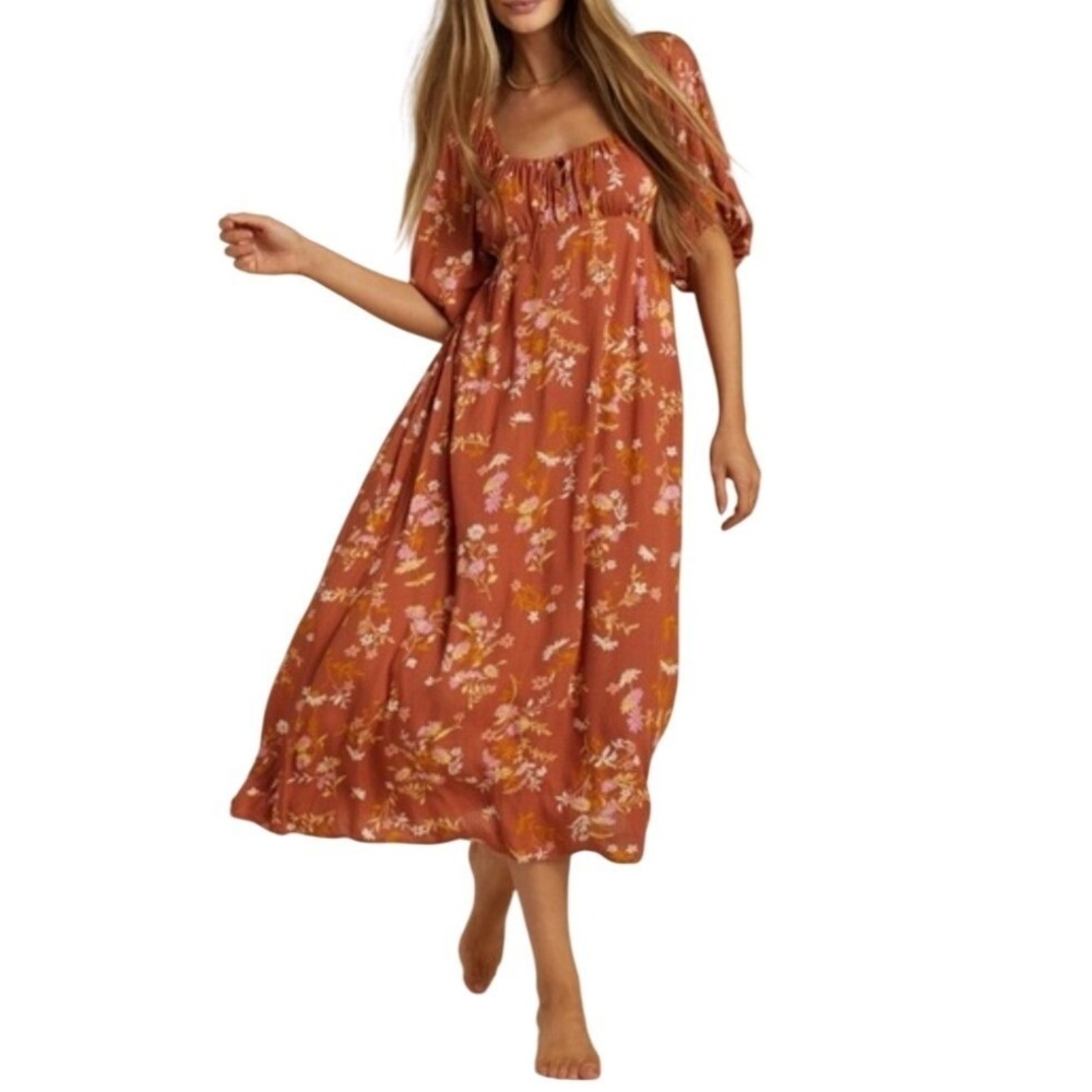 BILLABONG Midi Floral Dress Sz Medium Rust True Romance Puff Sleeve Boho Prairie